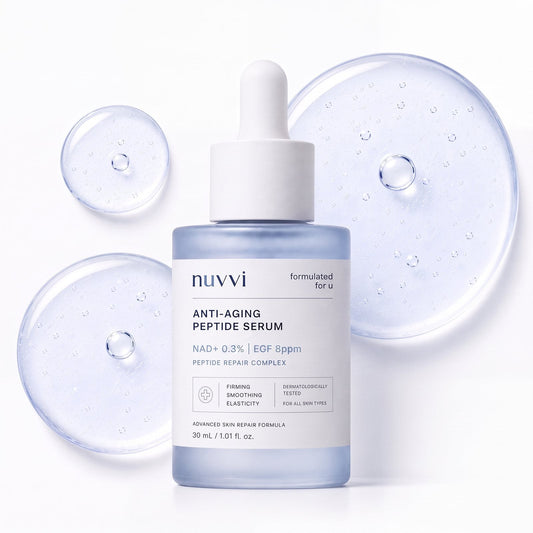 Nuvvi Anti-Aging Peptide Serum bottle with gel droplets